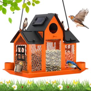 Solar-Powered Hanging Bird Feeder House, Durable Metal Design for Outdoor Garden Décor, Large Capacity for Wild Birds – Orange